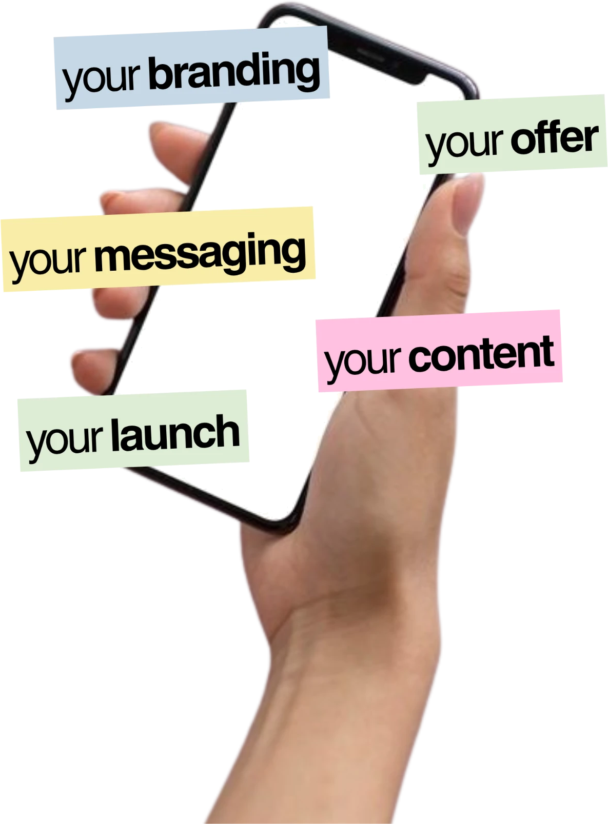 A hand holding a phone surrounded by pastel labels reading your branding, your offer, your messaging, your content, your launch